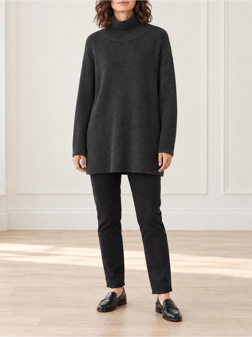 Eileen Fisher Merino Wool Turtleneck Long Top Large Charcoal Boxy Tunic Sweater